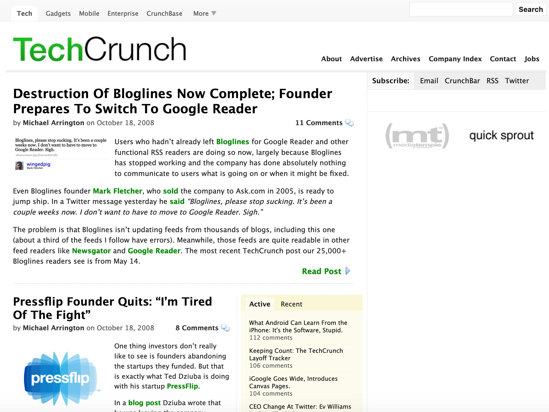 TechCrunch homepage (2008)